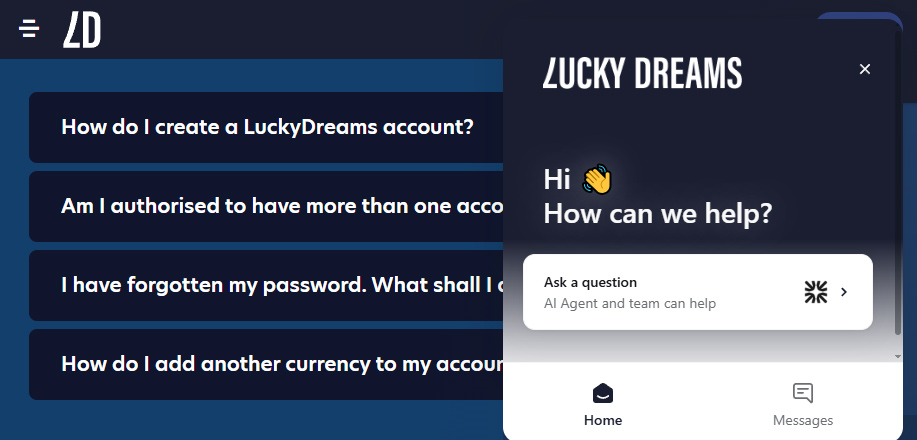 Lucky Dreams chat and FAQ section