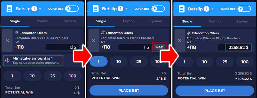 From left to right: Minimum stake amount, max bet button, available max bet for this market.