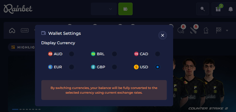 You can set your wallet to display your balance in USD, CAD, GBP, BRL, AUD or EUR.